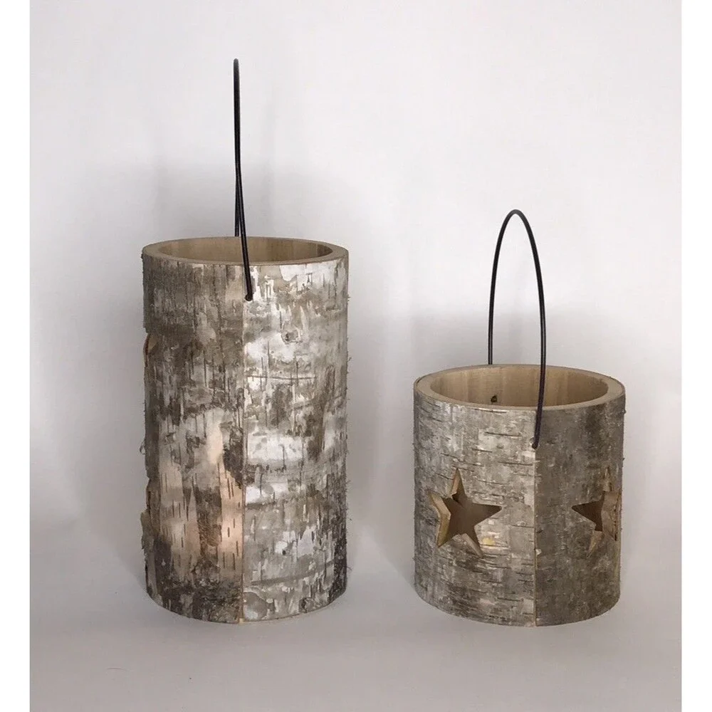 Set of 2 Birch Bark Wood Log Star Cutout Candle Holders Rustic Nature Decor NEW